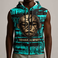 Chinua Achebe Sleeveless Zip Hoodie with Tribal Mask Design, Things Fall Apart Quote and Teal Abstract - Wonder Print Shop