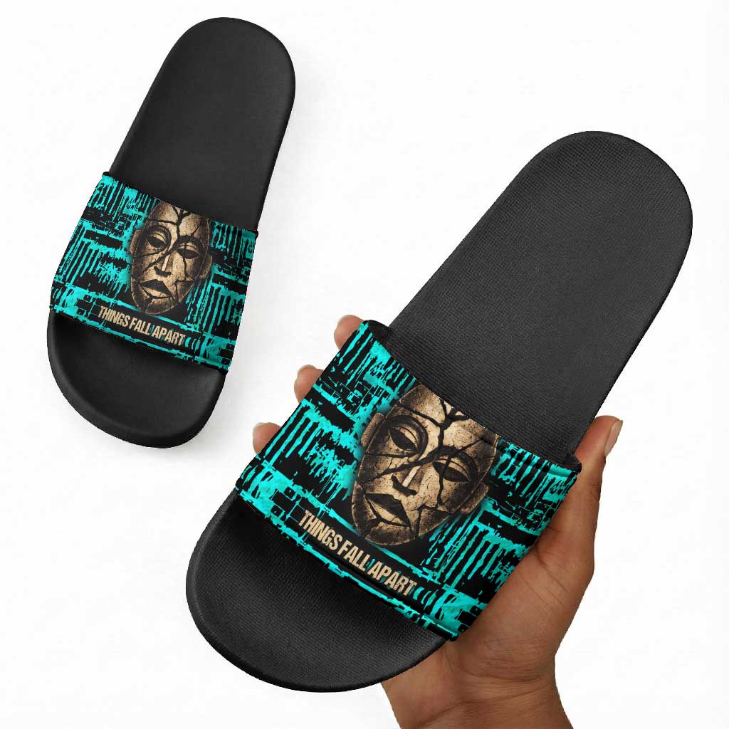 Chinua Achebe Slide Sandals with Tribal Mask Design, Things Fall Apart Quote and Teal Abstract - Wonder Print Shop