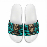 Chinua Achebe Slide Sandals with Tribal Mask Design, Things Fall Apart Quote and Teal Abstract - Wonder Print Shop