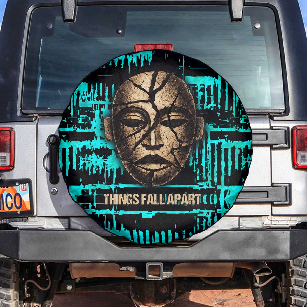 Chinua Achebe Spare Tire Cover with Tribal Mask Design, Things Fall Apart Quote and Teal Abstract - Wonder Print Shop