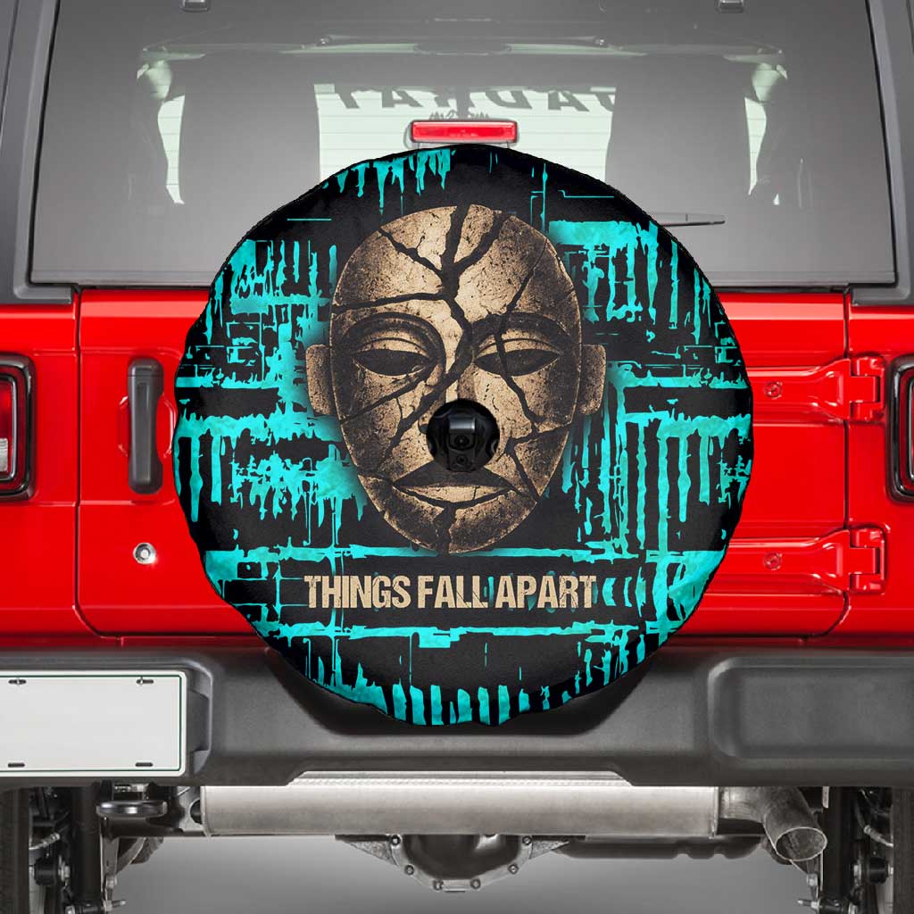 Chinua Achebe Spare Tire Cover with Tribal Mask Design, Things Fall Apart Quote and Teal Abstract - Wonder Print Shop