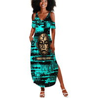 Chinua Achebe Summer Maxi Dress with Tribal Mask Design, Things Fall Apart Quote and Teal Abstract - Wonder Print Shop