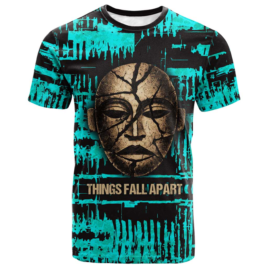Chinua Achebe T shirt with Tribal Mask Design, Things Fall Apart Quote and Teal Abstract - Wonder Print Shop