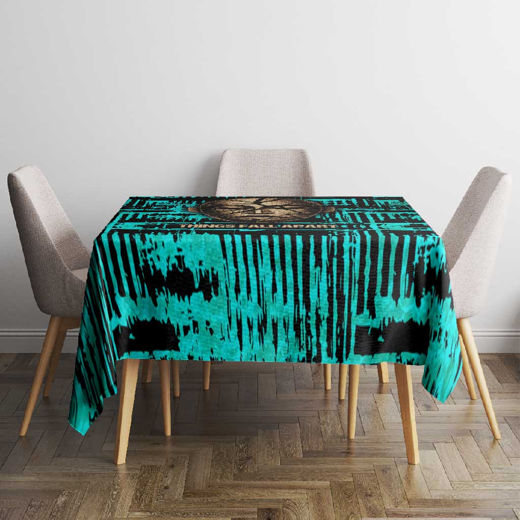 Chinua Achebe Tablecloth with Tribal Mask Design, Things Fall Apart Quote and Teal Abstract - Wonder Print Shop