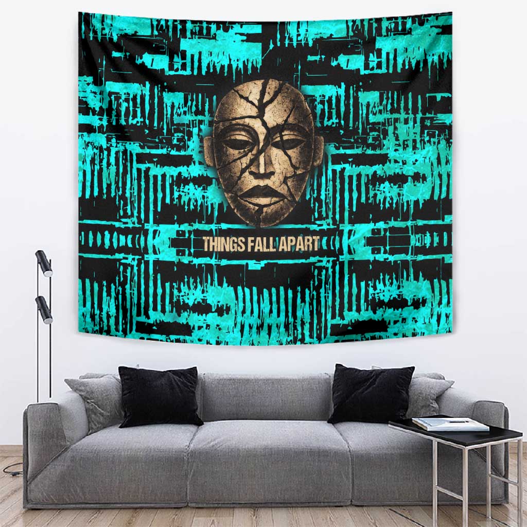 Chinua Achebe Tapestry with Tribal Mask Design, Things Fall Apart Quote and Teal Abstract - Wonder Print Shop