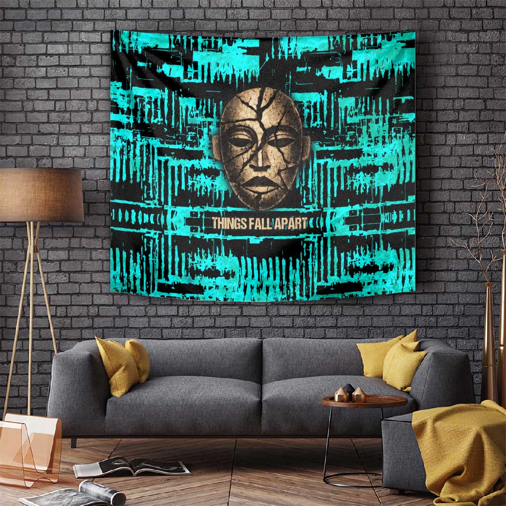 Chinua Achebe Tapestry with Tribal Mask Design, Things Fall Apart Quote and Teal Abstract - Wonder Print Shop