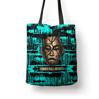 Chinua Achebe Tote Bag with Tribal Mask Design, Things Fall Apart Quote and Teal Abstract - Wonder Print Shop