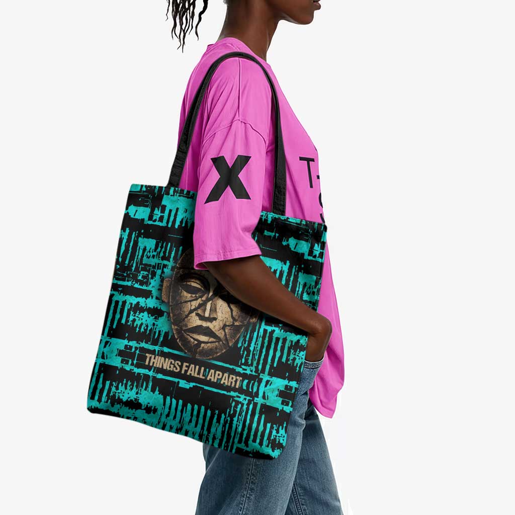 Chinua Achebe Tote Bag with Tribal Mask Design, Things Fall Apart Quote and Teal Abstract - Wonder Print Shop