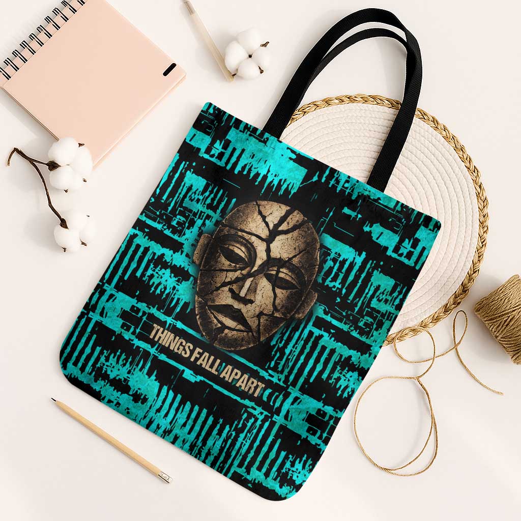 Chinua Achebe Tote Bag with Tribal Mask Design, Things Fall Apart Quote and Teal Abstract - Wonder Print Shop