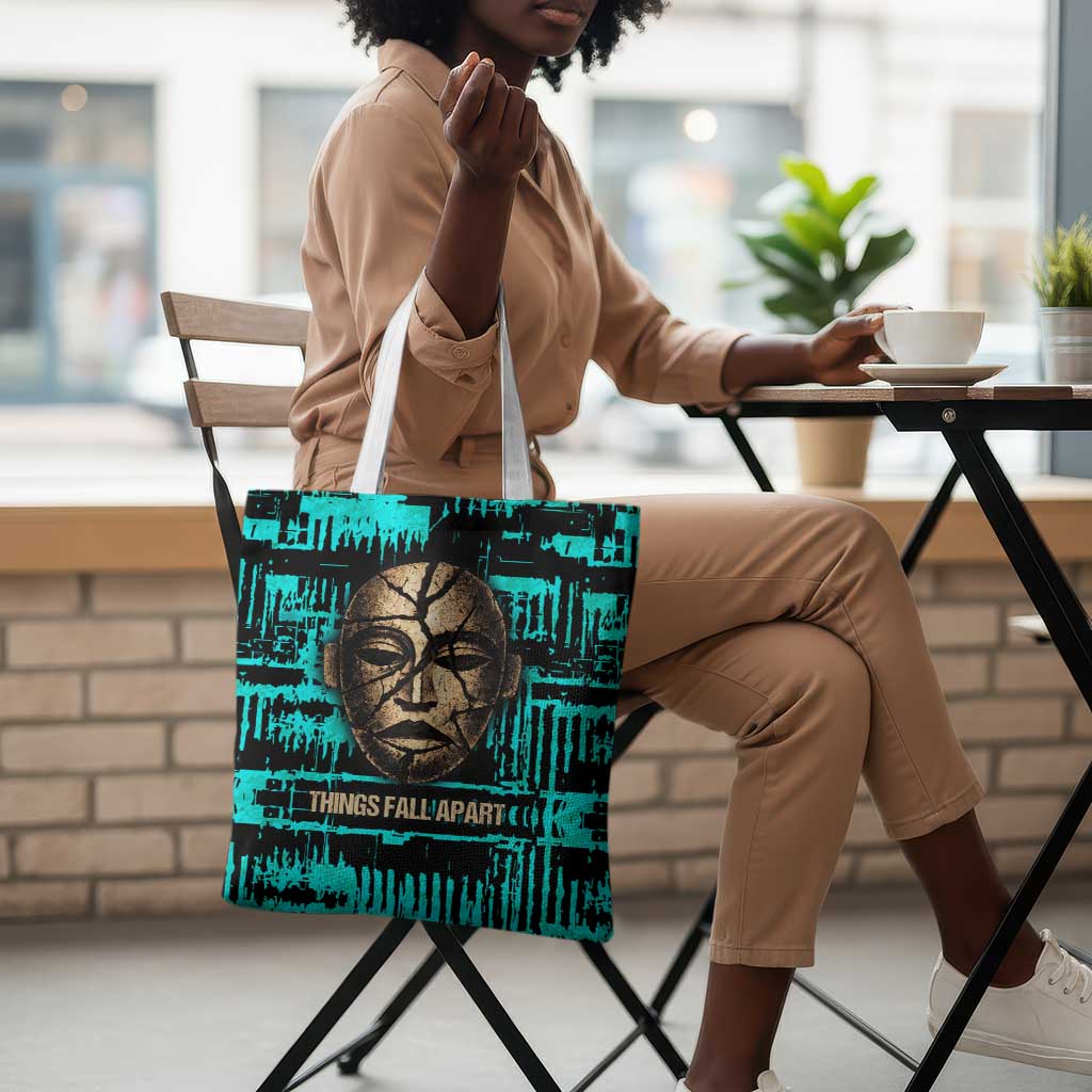 Chinua Achebe Tote Bag with Tribal Mask Design, Things Fall Apart Quote and Teal Abstract - Wonder Print Shop