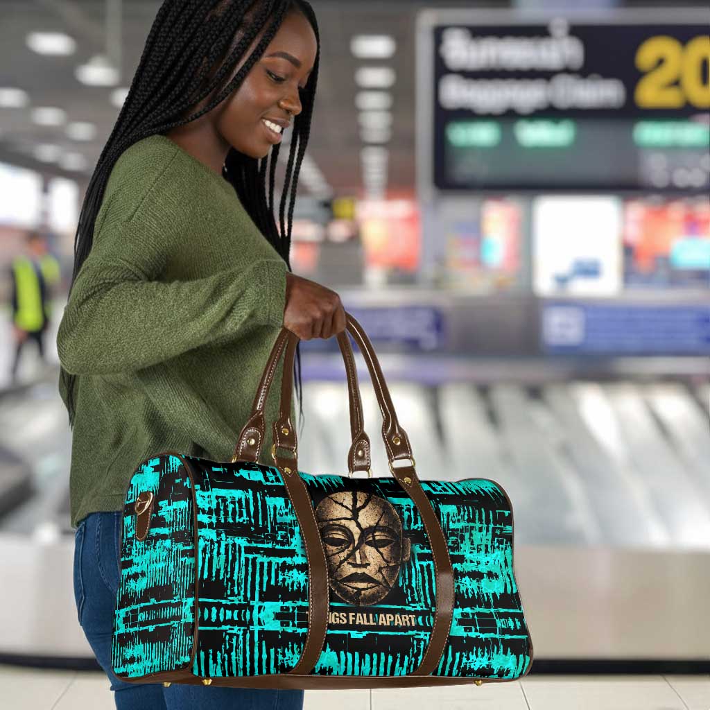 Chinua Achebe Travel Bag with Tribal Mask Design, Things Fall Apart Quote and Teal Abstract - Wonder Print Shop