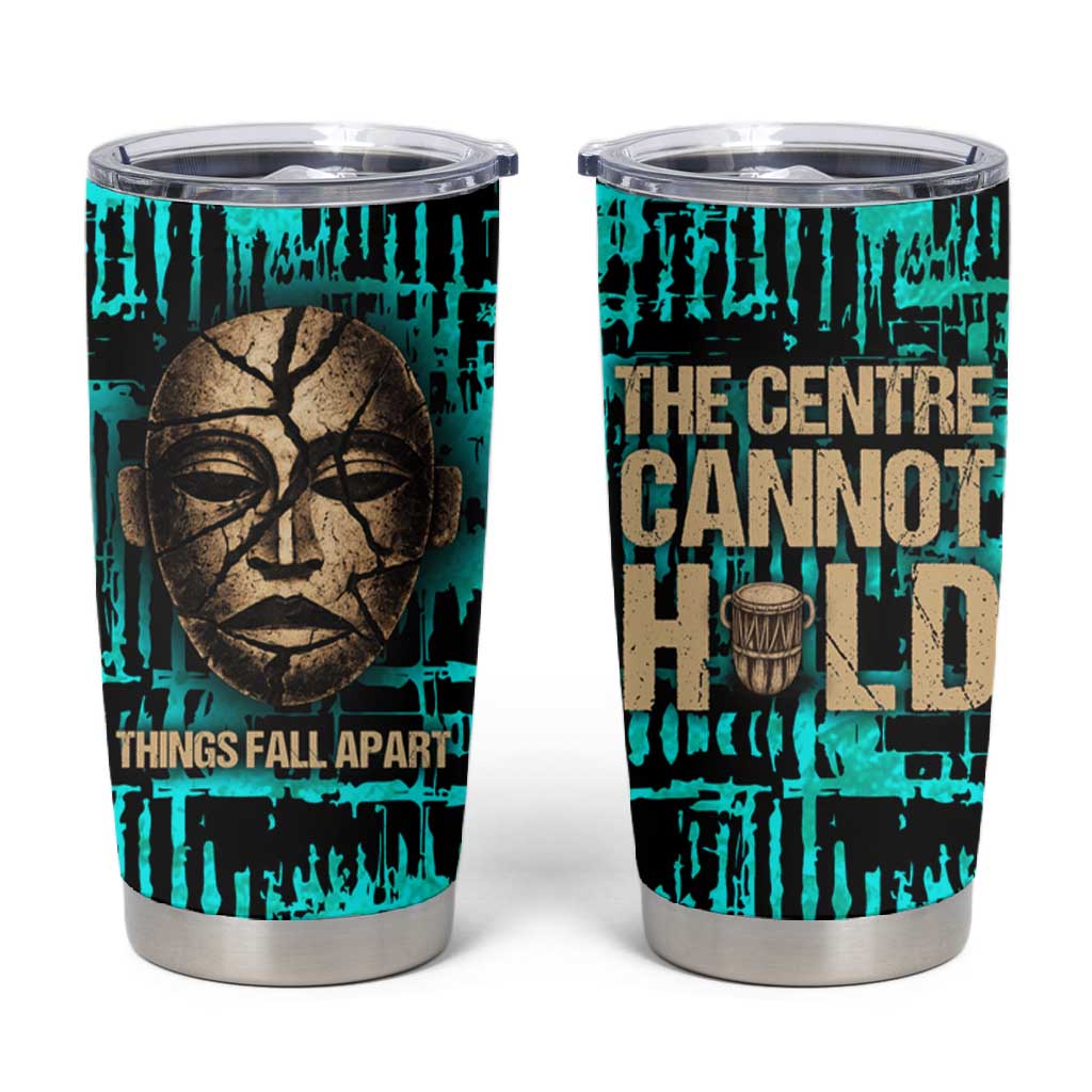Chinua Achebe Tumbler Cup with Tribal Mask Design, Things Fall Apart Quote and Teal Abstract - Wonder Print Shop