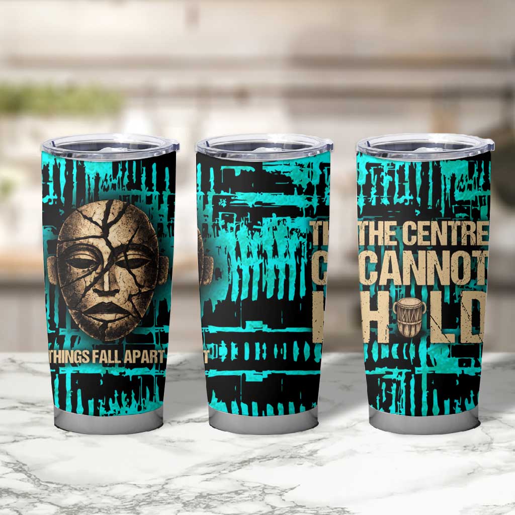 Chinua Achebe Tumbler Cup with Tribal Mask Design, Things Fall Apart Quote and Teal Abstract - Wonder Print Shop