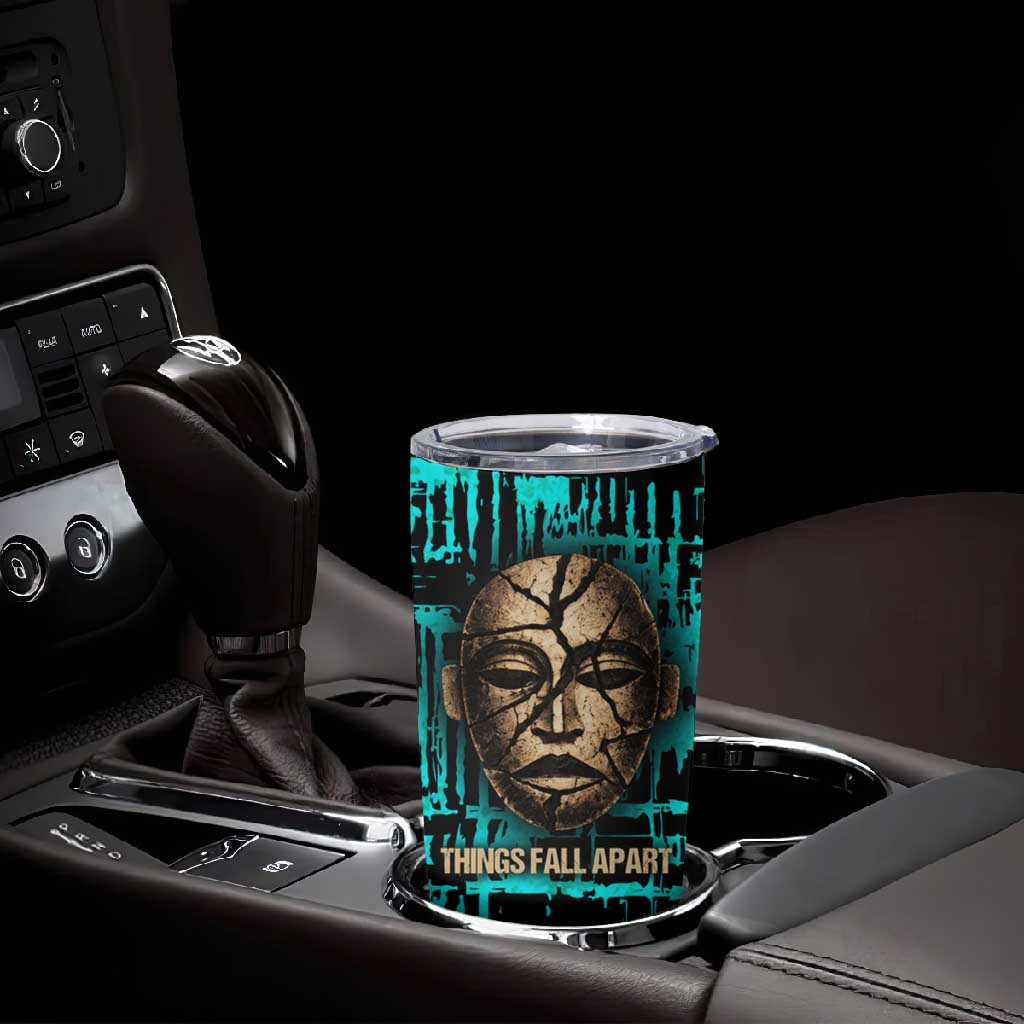 Chinua Achebe Tumbler Cup with Tribal Mask Design, Things Fall Apart Quote and Teal Abstract - Wonder Print Shop