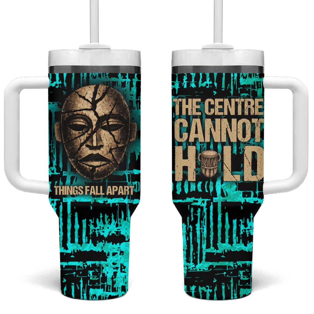Chinua Achebe Tumbler With Handle with Tribal Mask Design, Things Fall Apart Quote and Teal Abstract - Wonder Print Shop