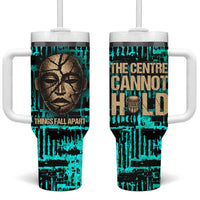 Chinua Achebe Tumbler With Handle with Tribal Mask Design, Things Fall Apart Quote and Teal Abstract - Wonder Print Shop