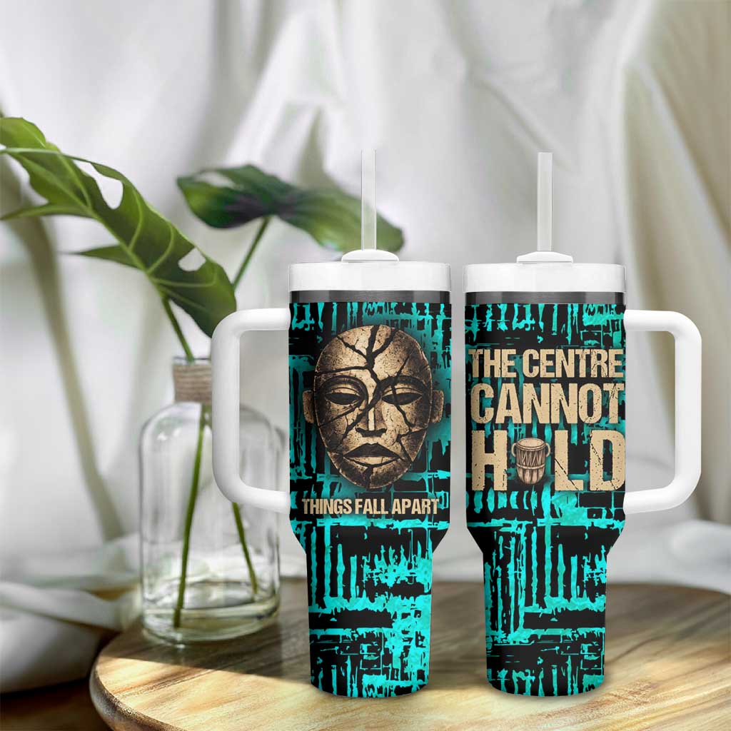 Chinua Achebe Tumbler With Handle with Tribal Mask Design, Things Fall Apart Quote and Teal Abstract - Wonder Print Shop