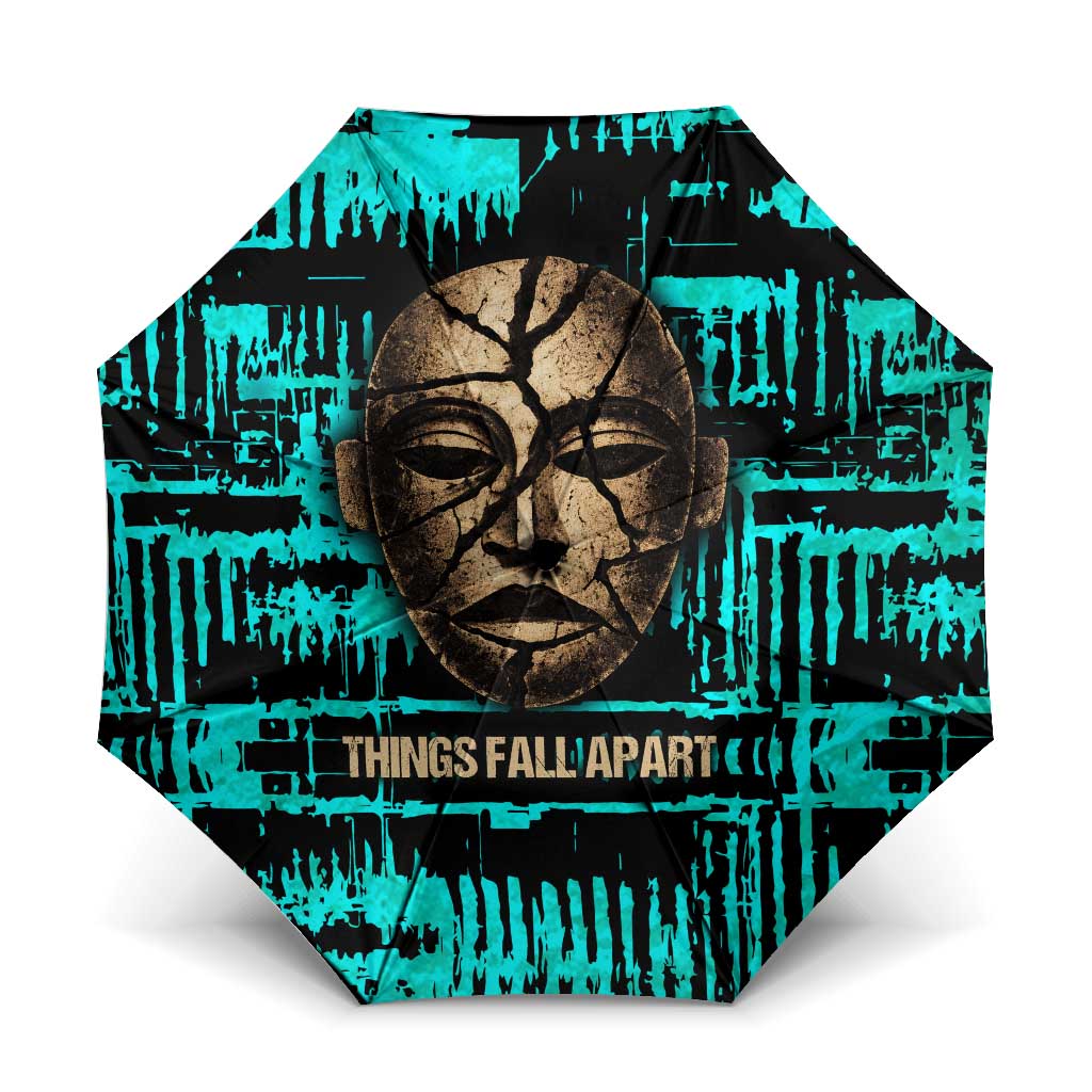 Chinua Achebe Umbrella with Tribal Mask Design, Things Fall Apart Quote and Teal Abstract - Wonder Print Shop