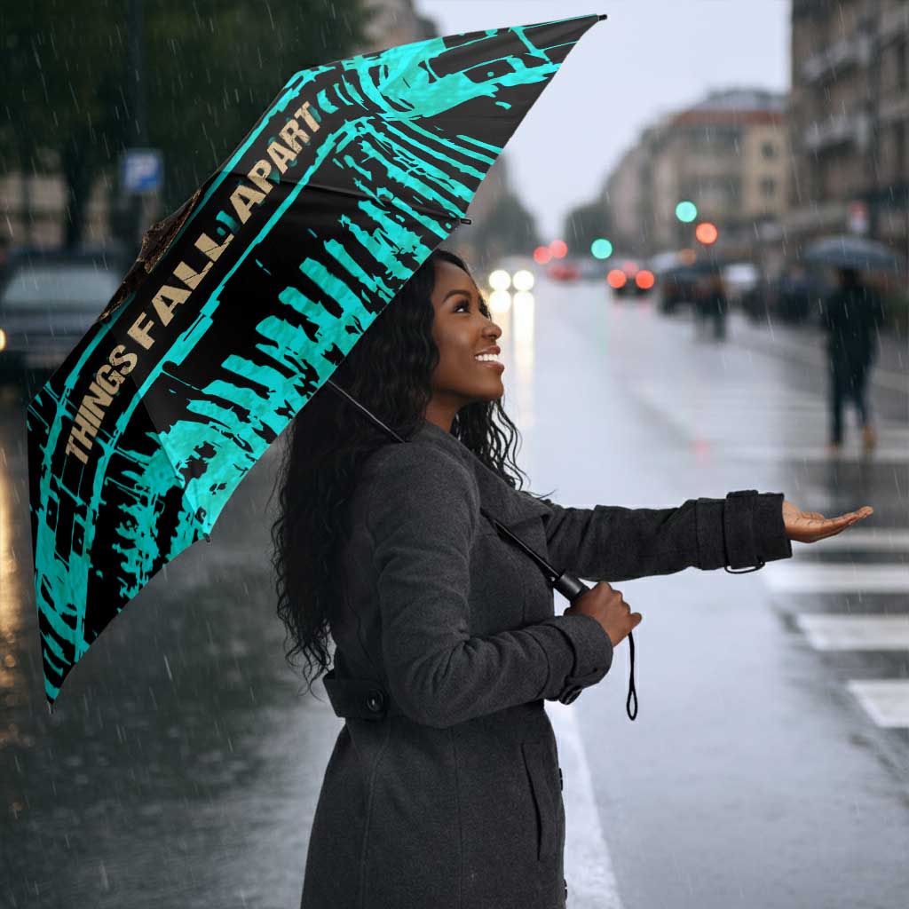 Chinua Achebe Umbrella with Tribal Mask Design, Things Fall Apart Quote and Teal Abstract - Wonder Print Shop