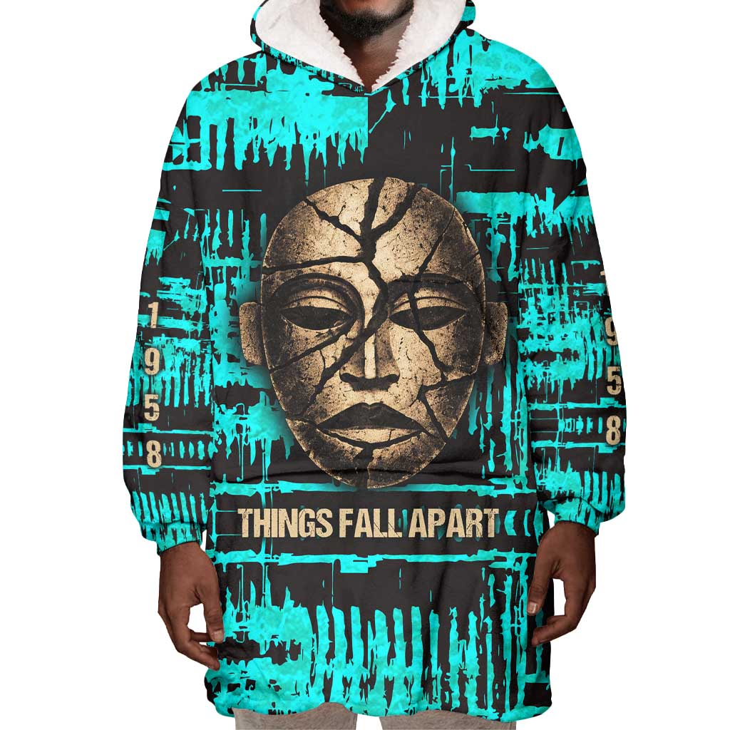 Chinua Achebe Wearable Blanket Hoodie with Tribal Mask Design, Things Fall Apart Quote and Teal Abstract - Wonder Print Shop
