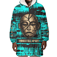 Chinua Achebe Wearable Blanket Hoodie with Tribal Mask Design, Things Fall Apart Quote and Teal Abstract - Wonder Print Shop
