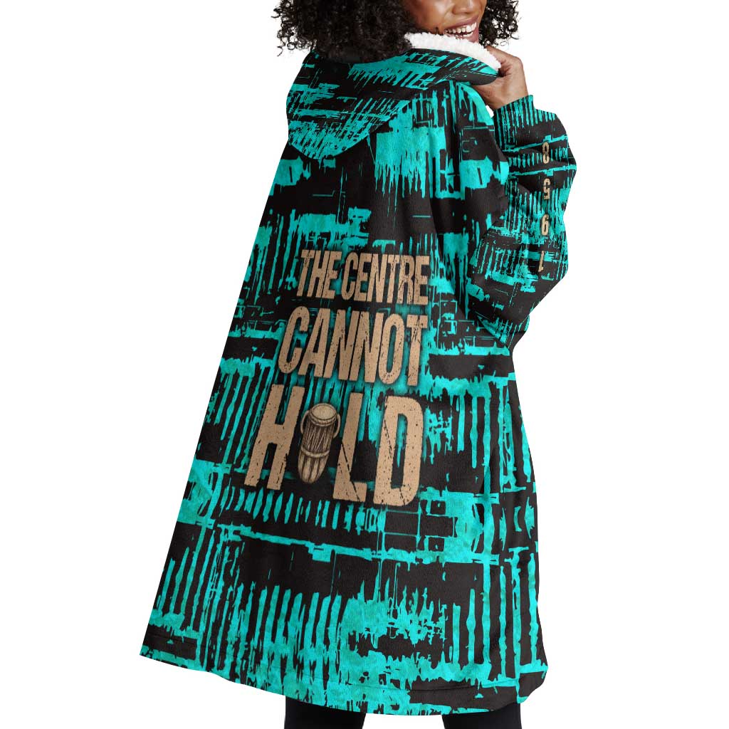 Chinua Achebe Wearable Blanket Hoodie with Tribal Mask Design, Things Fall Apart Quote and Teal Abstract - Wonder Print Shop