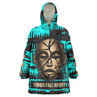 Chinua Achebe Wearable Blanket Hoodie with Tribal Mask Design, Things Fall Apart Quote and Teal Abstract - Wonder Print Shop
