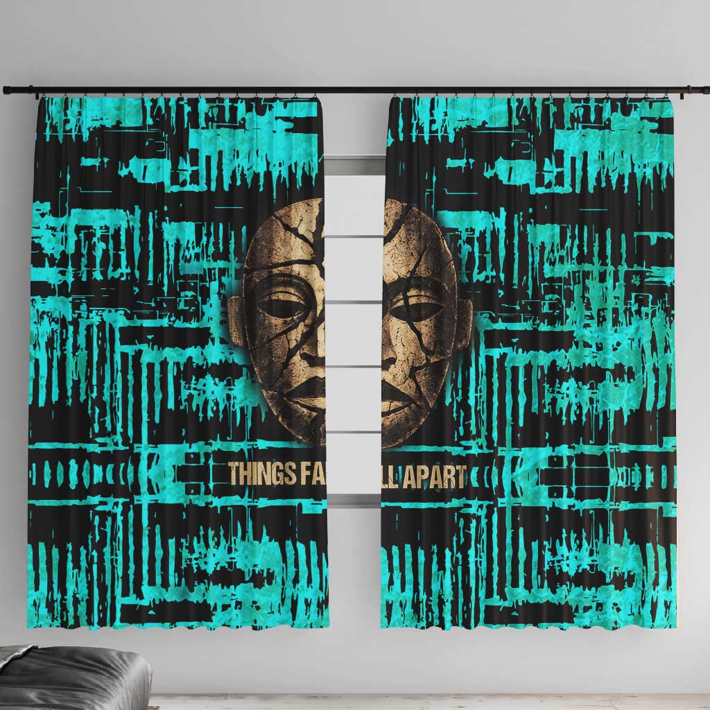 Chinua Achebe Window Curtain with Tribal Mask Design, Things Fall Apart Quote and Teal Abstract - Wonder Print Shop