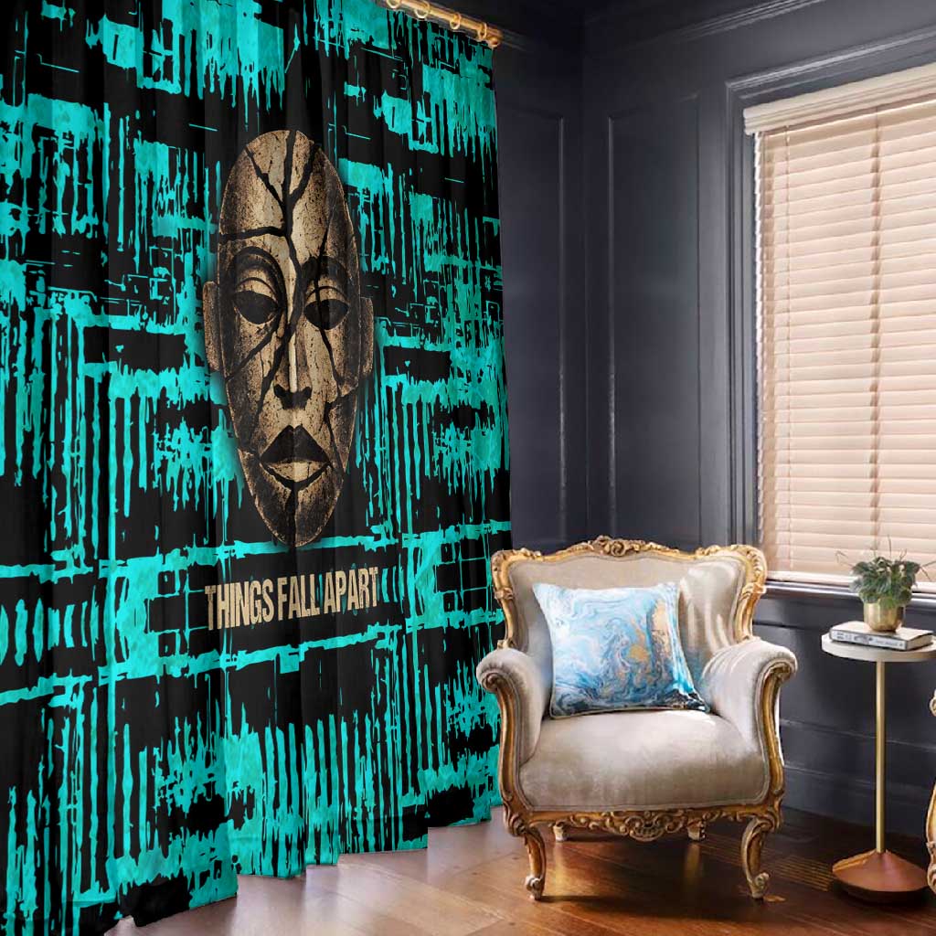 Chinua Achebe Window Curtain with Tribal Mask Design, Things Fall Apart Quote and Teal Abstract - Wonder Print Shop