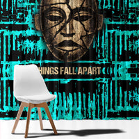 Chinua Achebe Window Curtain with Tribal Mask Design, Things Fall Apart Quote and Teal Abstract - Wonder Print Shop
