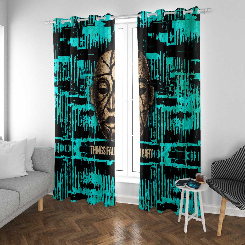 Chinua Achebe Window Curtain with Tribal Mask Design, Things Fall Apart Quote and Teal Abstract - Wonder Print Shop