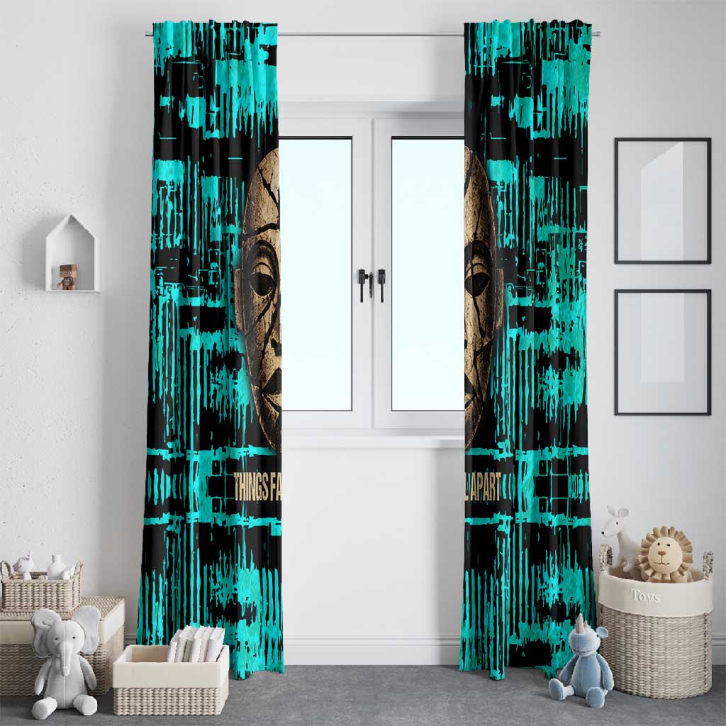 Chinua Achebe Window Curtain with Tribal Mask Design, Things Fall Apart Quote and Teal Abstract - Wonder Print Shop
