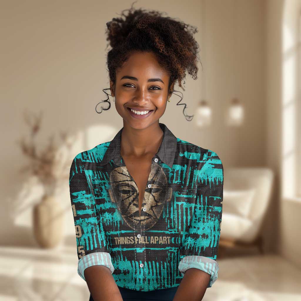 Chinua Achebe Women Casual Shirt with Tribal Mask Design, Things Fall Apart Quote and Teal Abstract - Wonder Print Shop