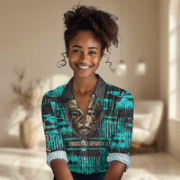 Chinua Achebe Women Casual Shirt with Tribal Mask Design, Things Fall Apart Quote and Teal Abstract - Wonder Print Shop