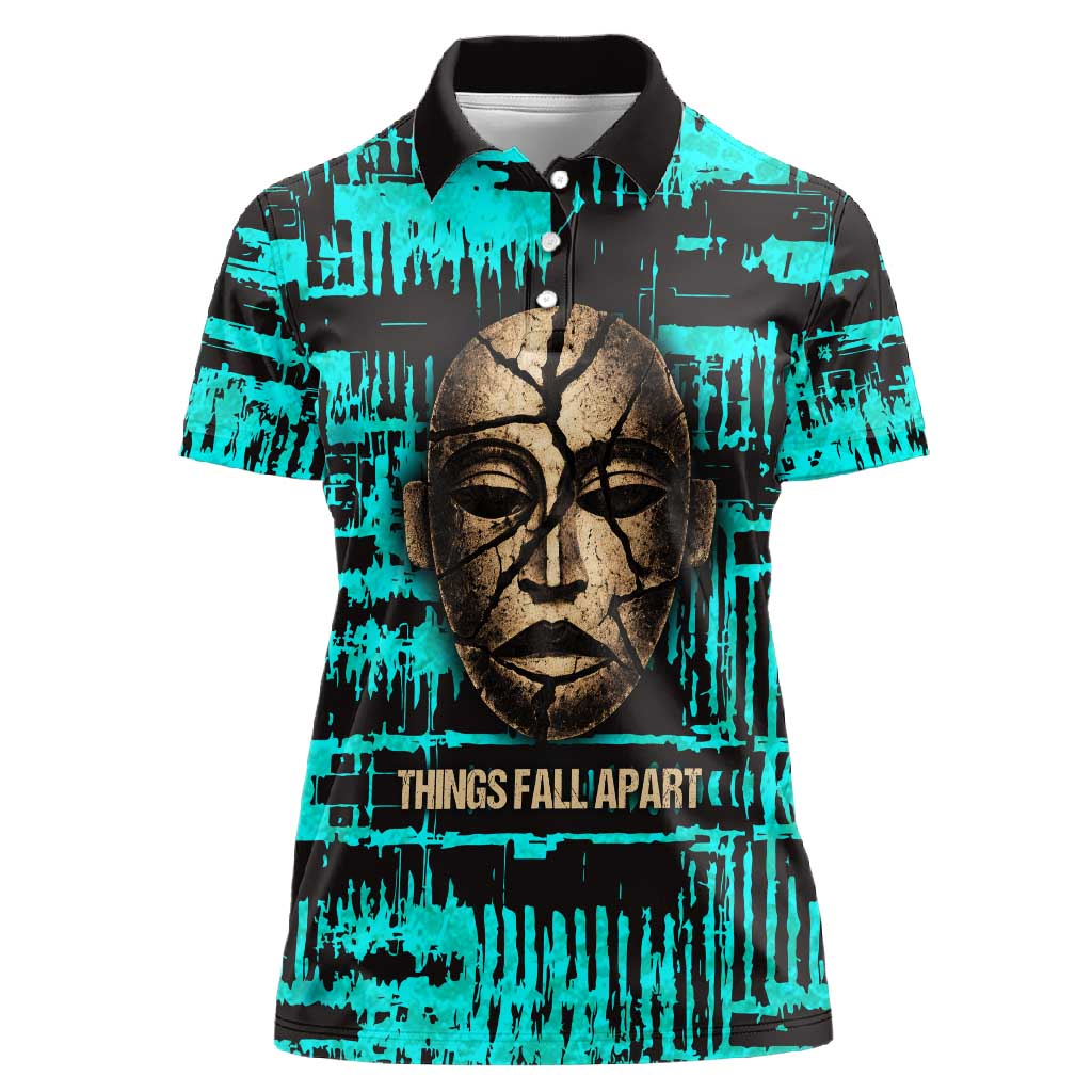 Chinua Achebe Women Polo Shirt with Tribal Mask Design, Things Fall Apart Quote and Teal Abstract - undefined