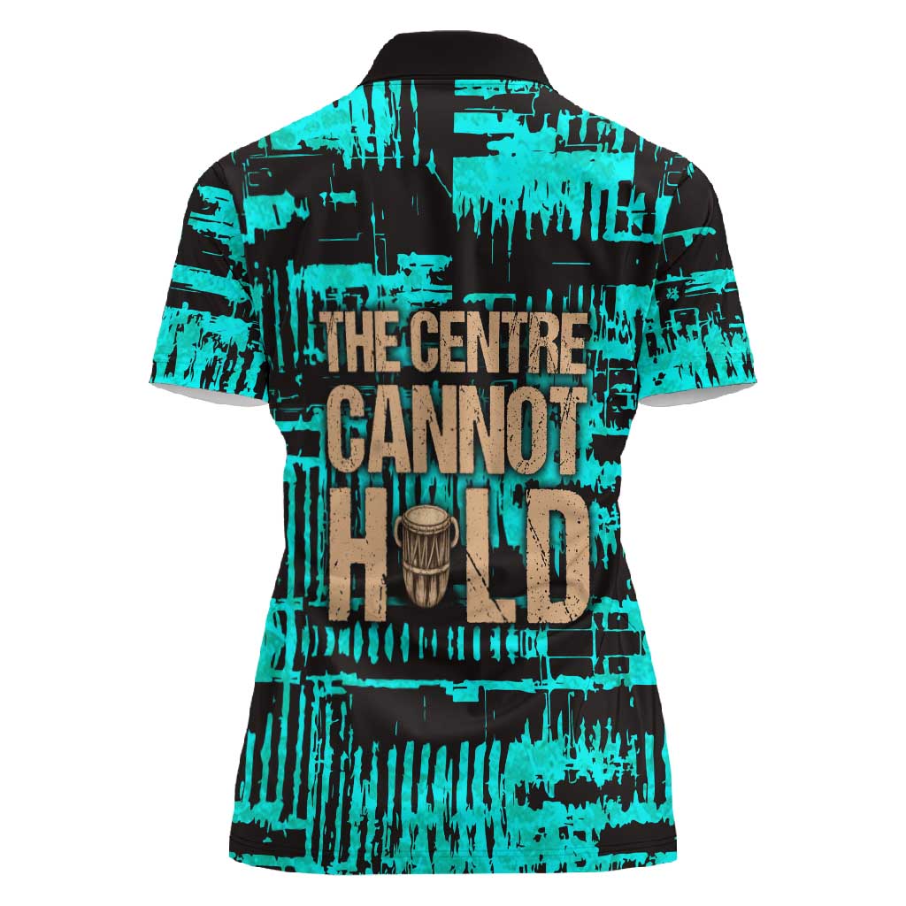Chinua Achebe Women Polo Shirt with Tribal Mask Design, Things Fall Apart Quote and Teal Abstract - undefined