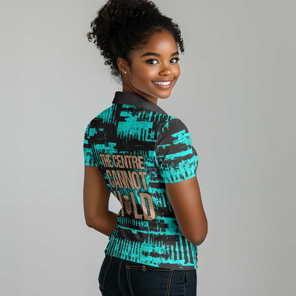 Chinua Achebe Women Polo Shirt with Tribal Mask Design, Things Fall Apart Quote and Teal Abstract - undefined