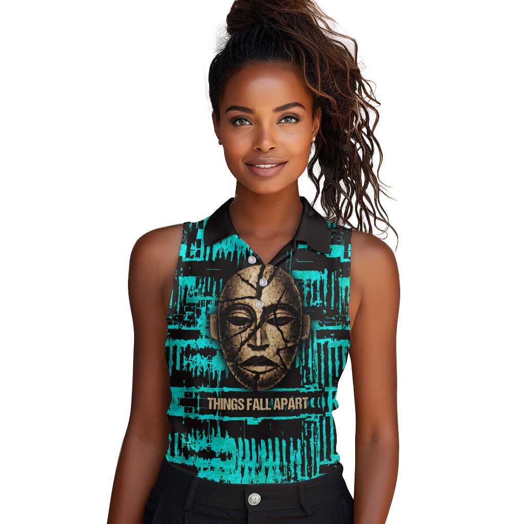 Chinua Achebe Women Sleeveless Polo Shirt with Tribal Mask Design, Things Fall Apart Quote and Teal Abstract - undefined