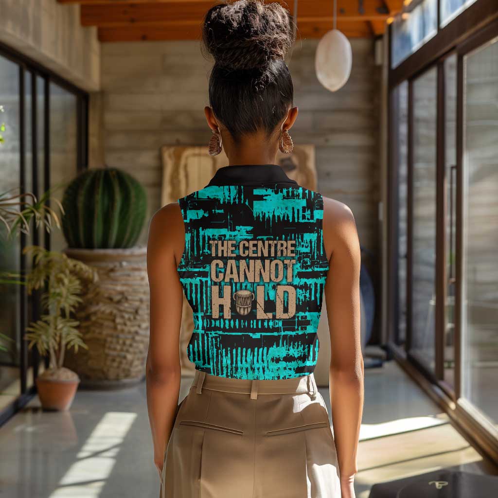 Chinua Achebe Women Sleeveless Polo Shirt with Tribal Mask Design, Things Fall Apart Quote and Teal Abstract - undefined