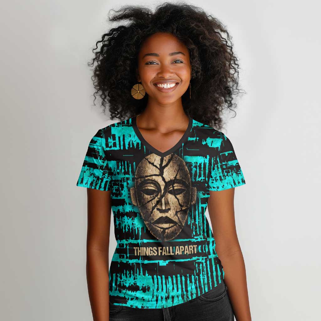 Chinua Achebe Women V-Neck T-Shirt with Tribal Mask Design, Things Fall Apart Quote and Teal Abstract - Wonder Print Shop