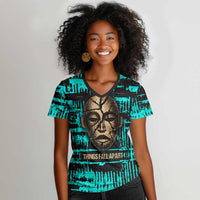 Chinua Achebe Women V-Neck T-Shirt with Tribal Mask Design, Things Fall Apart Quote and Teal Abstract - Wonder Print Shop