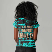 Chinua Achebe Women V-Neck T-Shirt with Tribal Mask Design, Things Fall Apart Quote and Teal Abstract - Wonder Print Shop