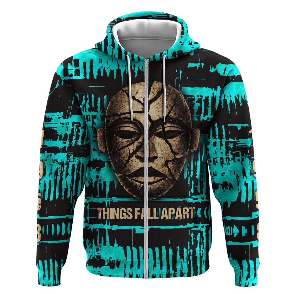 Chinua Achebe Zip Hoodie with Tribal Mask Design, Things Fall Apart Quote and Teal Abstract - Wonder Print Shop