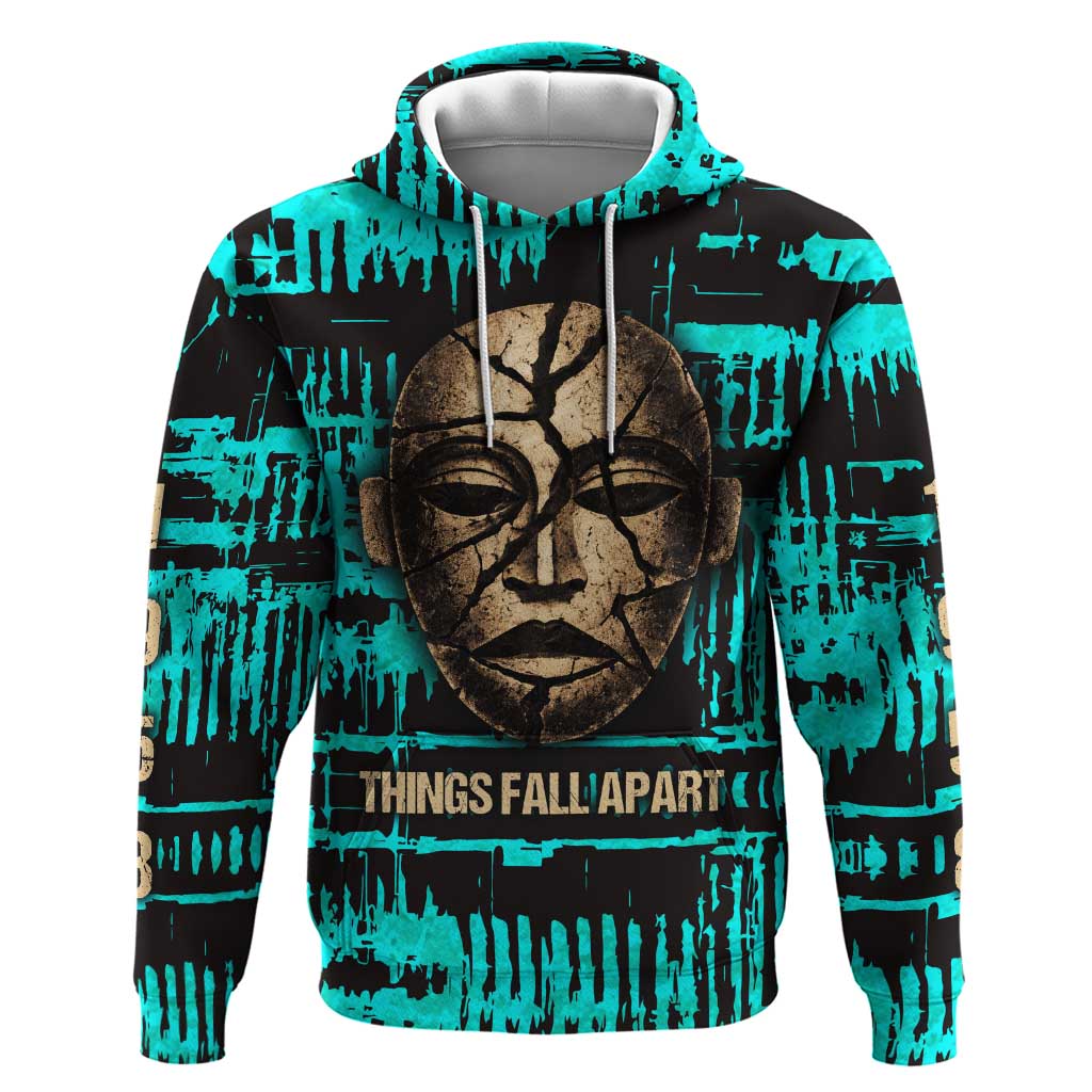 Chinua Achebe Zip Hoodie with Tribal Mask Design, Things Fall Apart Quote and Teal Abstract - Wonder Print Shop