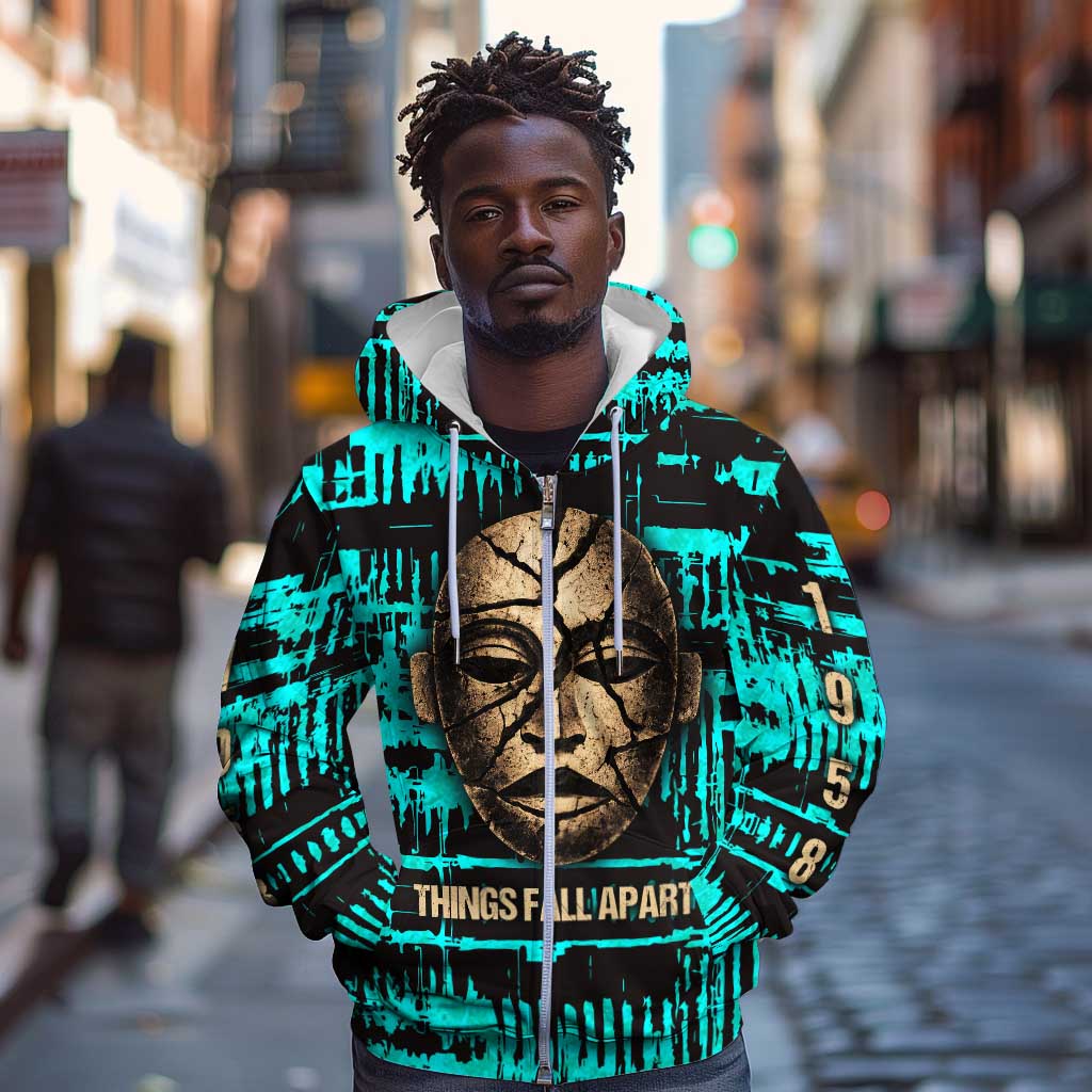 Chinua Achebe Zip Hoodie with Tribal Mask Design, Things Fall Apart Quote and Teal Abstract - Wonder Print Shop