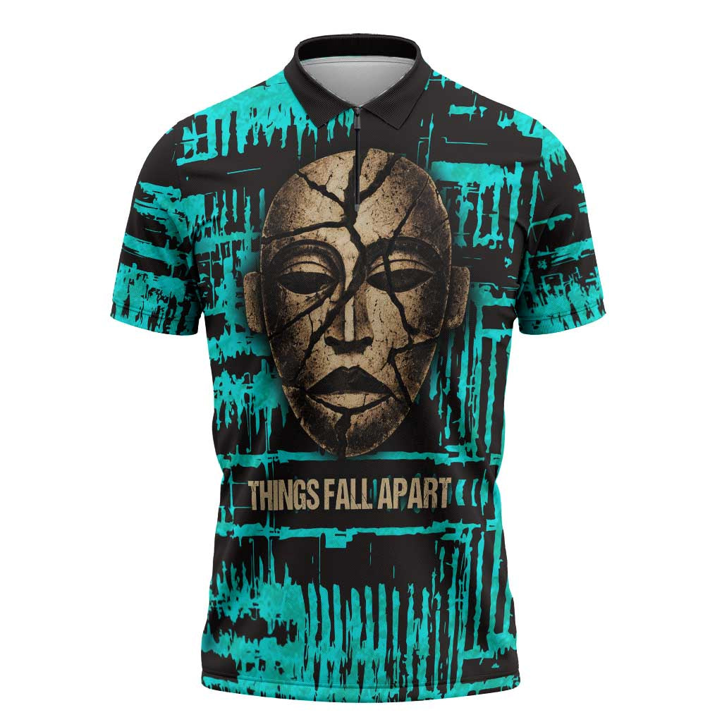 Chinua Achebe Zipper Polo Shirt with Tribal Mask Design, Things Fall Apart Quote and Teal Abstract - Wonder Print Shop