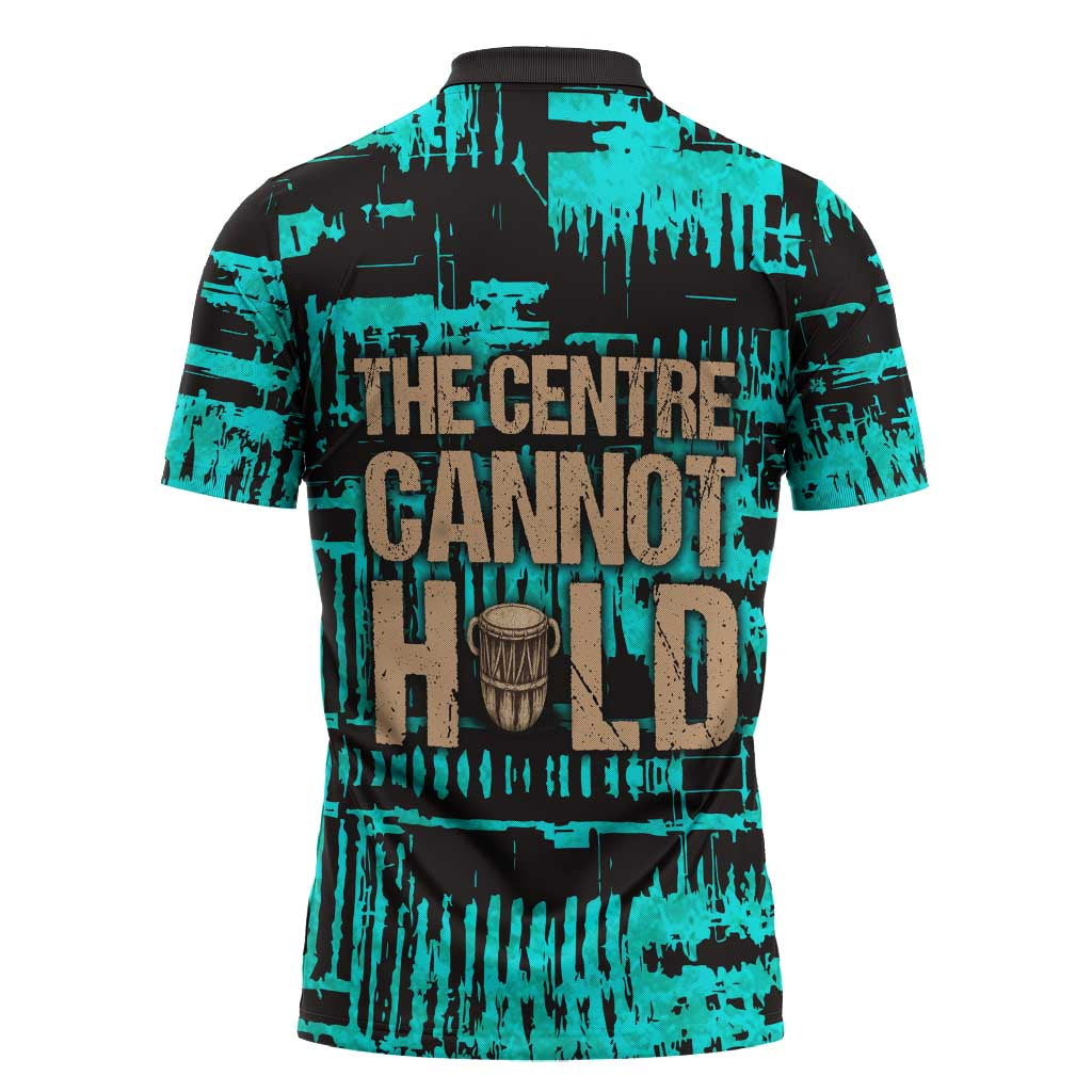 Chinua Achebe Zipper Polo Shirt with Tribal Mask Design, Things Fall Apart Quote and Teal Abstract - Wonder Print Shop