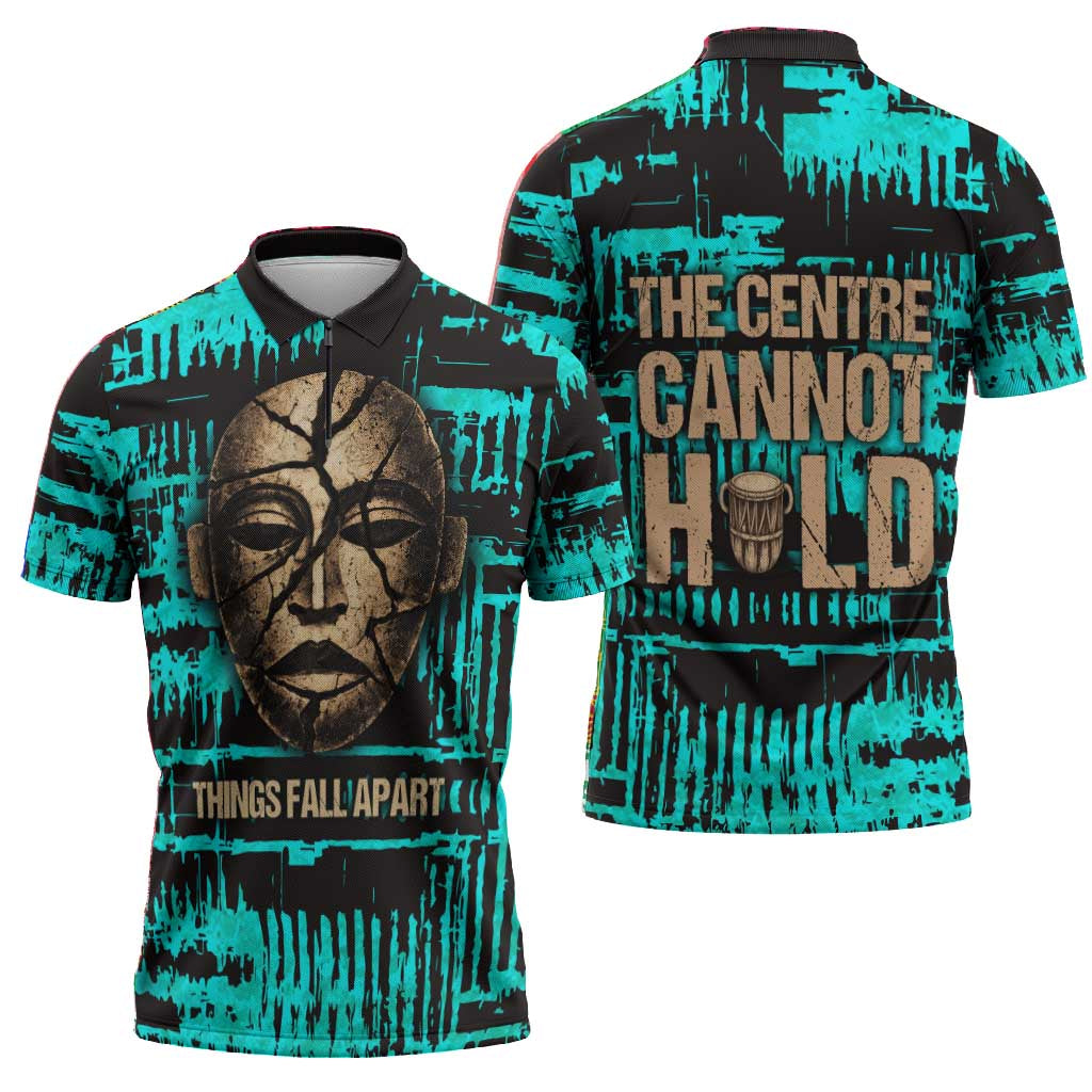Chinua Achebe Zipper Polo Shirt with Tribal Mask Design, Things Fall Apart Quote and Teal Abstract - Wonder Print Shop
