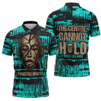 Chinua Achebe Zipper Polo Shirt with Tribal Mask Design, Things Fall Apart Quote and Teal Abstract - Wonder Print Shop