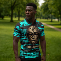 Chinua Achebe Zipper Polo Shirt with Tribal Mask Design, Things Fall Apart Quote and Teal Abstract - Wonder Print Shop